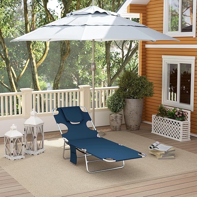 Outsunny Chaise Lounge Chair Outdoor with Face Arm Hole, 5-Position Reclining Face Down Tanning Chair with Carry Strap, Side Pocket, Portable Folding Bed Cot for Patio Beach Pool, Dark Blue