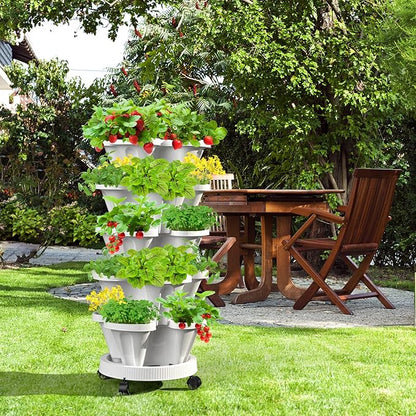 Strawberry Vertical Planters Tower Garden 3 Pack, 7 Tiered Stacking Herb Vegetable Planter with Support Pole Indoor and Outdoor - Black