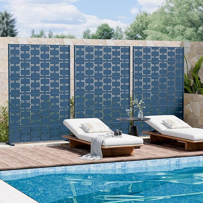 Casaphoria Metal Privacy Screen Outdoor, 72" H x 47" W Freestanding Decorative Privacy Screen for Patio Deck Balcony Garden with Stable Base, Blue-Square
