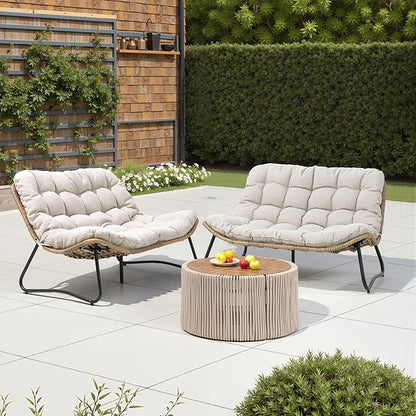 Crestlive Products Outdoor Loveseat 2PCS, Patio Conversation Set, All-Weather Boho Rattan Patio Furniture with Soft Cushion for Balcony, Poolside, Backyard (Without Table)