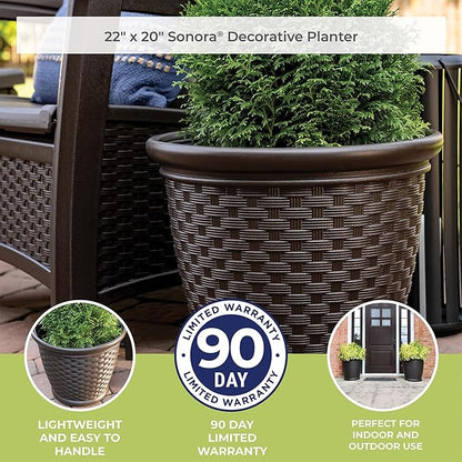 Suncast Sonora 22 Inch Plastic Wicker Indoor or Outdoor Decorative Garden Flower Planter for Entryways, Porch, and Backyard Patios, Dark Brown