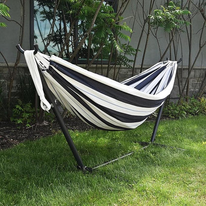 Vivere Double Sunbrella Hammock with Space-Saving Steel Stand, Heavy-Duty Portable Outdoor Hammock Set for Backyard, Patio, or Travel, Harbor