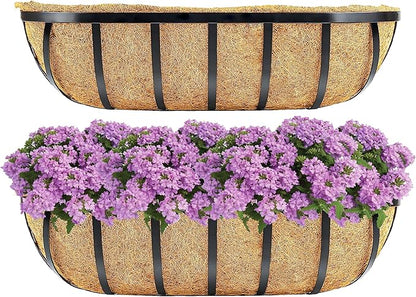 Y&M 2pcs 24 Inch Window Deck with Coco Liner, 24" Window Boxes Horse Trough with Coconut Coir Liner, Black Metal Hanging Flower Planter Window Basket Deck Railing Planter Boxes for Outdoor Indoor