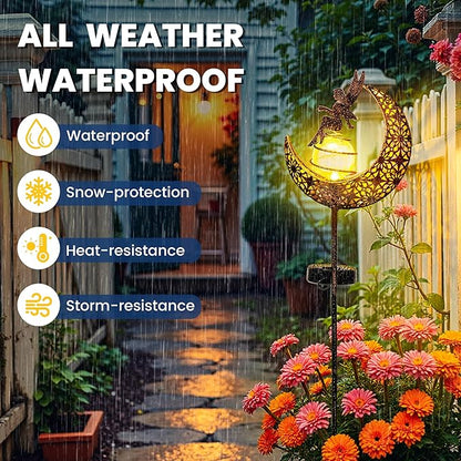 Fairy Garden Solar Lights Outdoor Moon Stakes, Waterproof Outdoor Metal Decor Gifts for Women Mom, Art Moon Sculpture for Yard, Patio, Garden, Porch, 1 Pack
