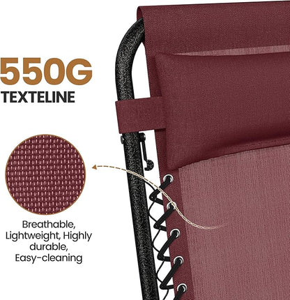 Yaheetech Zero Gravity Recliners Outdoor Adjustable Folding Reclining Lounge Chairs w/Pillows, Cup Holder Trays and Carry Strap for Patio Backyard Beach Burgundy Set of 2
