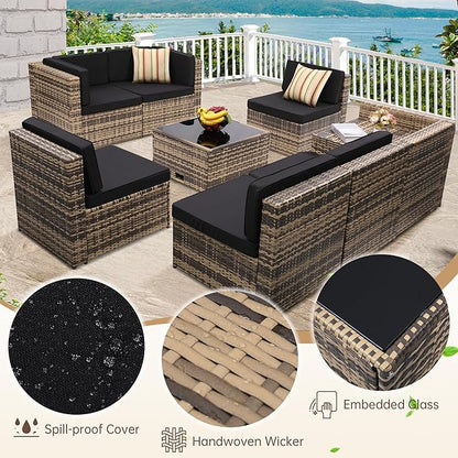 8-Piece Patio Furniture Set, Outdoor Wicker Rattan Sectional with Thick Cushions, Glass Top Table with Hidden Storage, Outdoor Conversation Set for Backyard, Porch, Patio, Black