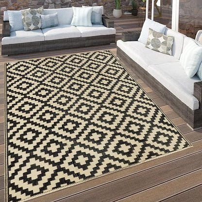 SAND MINE Reversible Mats, Plastic Straw Rug, Modern Area Rug, Large Floor Mat and Rug for Outdoors, RV, Patio, Backyard, Deck, Picnic, Beach, Trailer, Camping (3' x 5', Black & Beige Lattice)