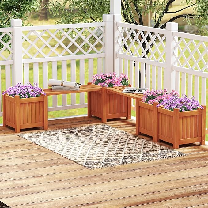 Giantex 4-in-1 Outdoor Bench with 4 Planter Boxes, Wood with Teak Oil Finish, Garden Bench Seat with Raised Garden Beds for Porch Balcony Lawn Yard, DIY Assembly, 42"x11"x11.5"