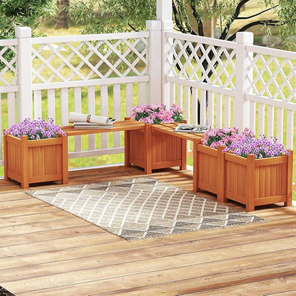Giantex 4-in-1 Outdoor Bench with 4 Planter Boxes, Wood with Teak Oil Finish, Garden Bench Seat with Raised Garden Beds for Porch Balcony Lawn Yard, DIY Assembly, 42"x11"x11.5"