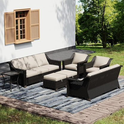 Joyside Wicker Patio Furniture Sets, 7 Pieces Upgraded Large Size Outdoor Furniture with Swivel Rocking Patio Chairs, Two 3-Seat Sofa, Outdoor Ottoman, Thick Cushions, Wide Armrest, Beige