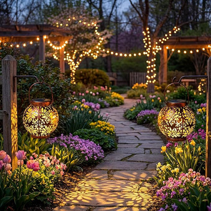 JOIEDOMI 2 Pack Outdoor Solar Hanging Lantern Lights, Waterproof Tabletop with Handle, LED Moroccan Lanterns, Metal Decorative Garden Solar Lights Spring for Patio, Lawn, Porch, Backyard