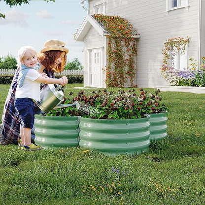 GarveeLife 2-Pack Galvanized Raised Garden Bed – Rust-Resistant Petal-Shaped Outdoor Planter Box with Open Base for Herbs, Veggies & Flowers, Ground-Connected Design for Deep Root Growth,Green