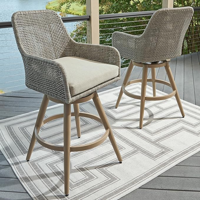 Signature Design by Ashley Seton Creek Casual Weather Resistant 360-Degree Swivel 31.75" Outdoor Bar Height StainlessBar Stool with Cushion, Set of 2, Beige & Light Gray