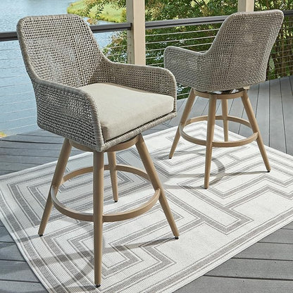 Signature Design by Ashley Seton Creek Casual Weather Resistant 360-Degree Swivel 31.75" Outdoor Bar Height StainlessBar Stool with Cushion, Set of 2, Beige & Light Gray