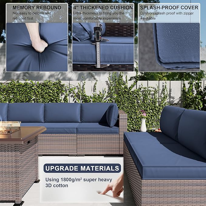 Kullavik 15PCS Outdoor Patio Furniture Set with 43" 55000BTU Gas Propane Fire Pit Table PE Wicker Rattan Sectional Sofa Patio Conversation Sets w/8 Coner Sofas,Navy Blue