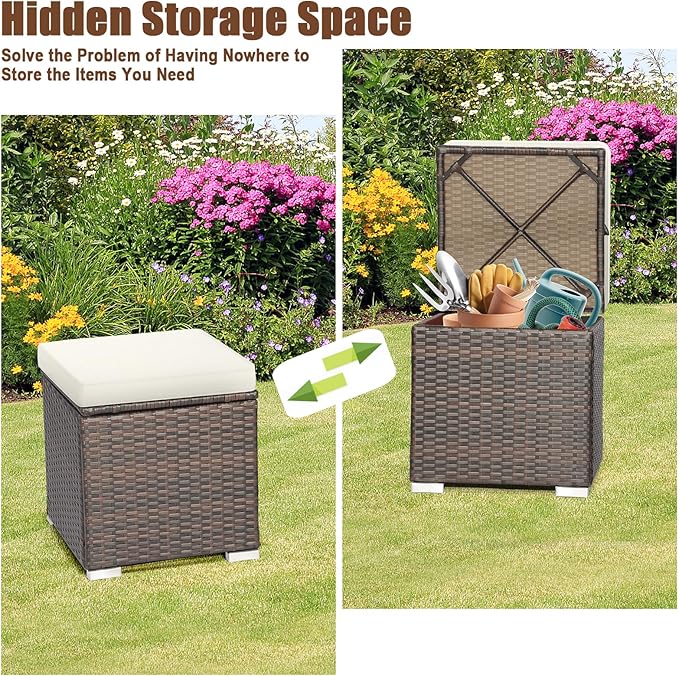 RELAX4LIFE Wicker Outdoor Storage Ottoman, 2-Piece Rattan Footstool w/Removable Cushion, Multipurpose Footrest Stool Side Table Additional Seating, Set of 2 Outdoor Ottomans for Patio Deck (Off White)