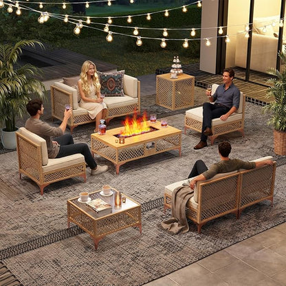LYNSLIM Outdoor Patio Furniture Set, Wicker Outdoor Sectional Set with Large Fire Pit Table, Boho Patio Conversation Sectional Sofa with Large Tempered Glass Coffee Table and Waterproof Cushion