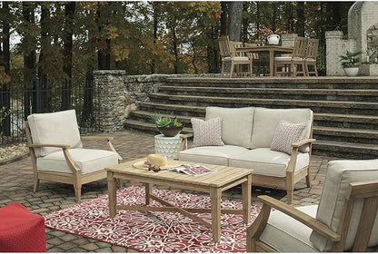 Signature Design by Ashley Clare View Coastal Outdoor Loveseat, Cushioned with Nuvella Fabric, Protective Finish, Eucalyptus Wood, 55.5" W x 35" D x 32" H, Beige