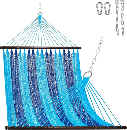 Lazy Daze Hammocks 10.5 FT Double 2 Person Caribbean Rope Hammock, Hand Woven Polyester Hammock with Spreader Bars, for Outside Outdoor Backyard Patio Poolside, 450 LBS Capacity, Blue/SkyBlue