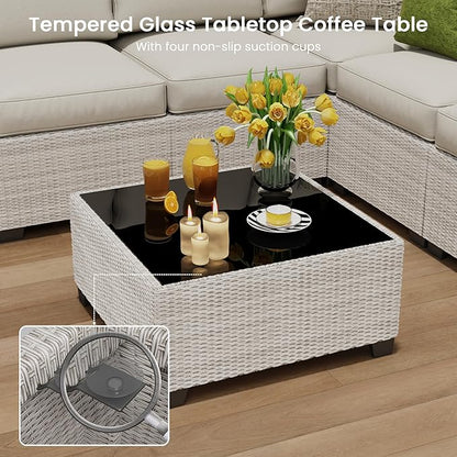 9 Piece Outdoor Patio Furniture Set with 43'' Fire Pit Table, Outdoor Sectional Furniture, Rattan & Wicker Modern Modular Conversation Set Sofa Couch W/Water Resistant Washable Thick Cushions, Beige