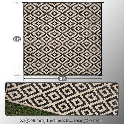 SAND MINE Waterproof Outdoor Rug 8x8 ft, Plastic Reversible Rug, Modern Area Rug, Large Floor Mat for Outdoors, RV, Patio, Backyard, Deck, Picnic, Beach, Camping, Black & Beige