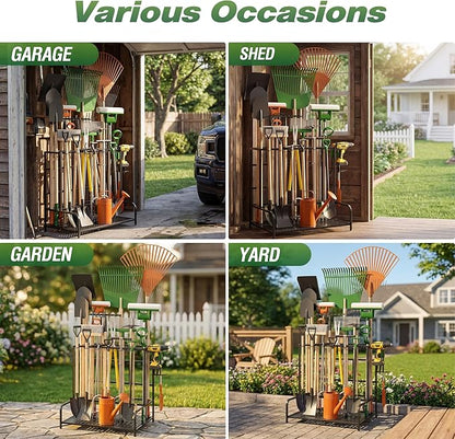 Garden Tool Organizer Rack Up to 39 Tools, Heavy-Duty Steel Yard Tool Organizer for Garage Storage with 12 Hooks, Broom Holder & Garden Tool Rack for Shed, Patio, Outdoor Storage, Black