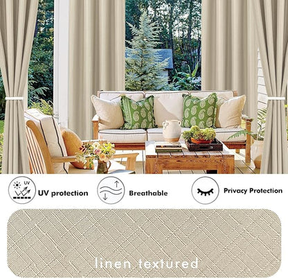 Outdoor Curtains, Cream Waterproof Linen Blend, 110 x 95 Inch Panels