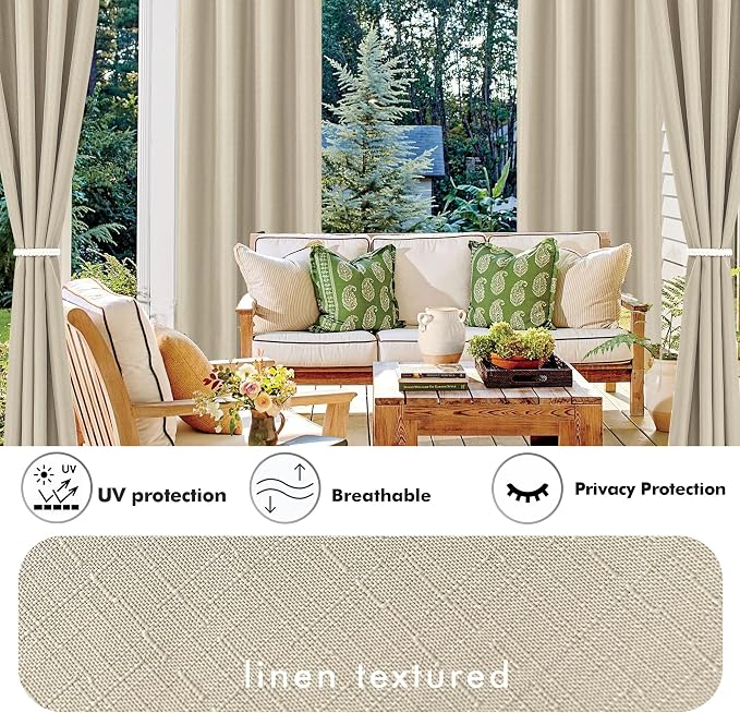 Outdoor Curtains, Cream Waterproof Linen-Blend, 4 Panels, 84-Inch Length