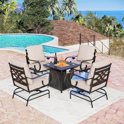 MFSTUDIO 5 Pieces Large Patio Sofa Conversation Set with 28 Inch Propane Fire Pit Table, Metal Outdoor Sectional Furniture with Thick Cushion Motion Chairs Gas Fire Pit
