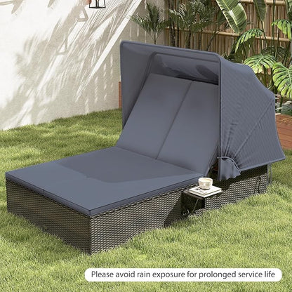 RELAX4LIFE Outdoor Rattan Daybed w/Canopy - Wicker Double Chaise Lounge w/6-Position Backrest, Folding Side Trays & Cushion, 2-Seater Loveseat Sunbed for Backyard, Patio Rattan Bed Lounger (Gray)