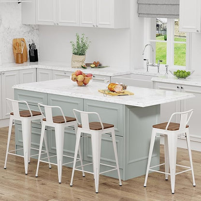 Yongchuang 24 inch Metal Bar Stools Set of 4 Counter Height Barstools Farmhouse Kitchen Bar Chairs with Wood Seat Low Back Cream White
