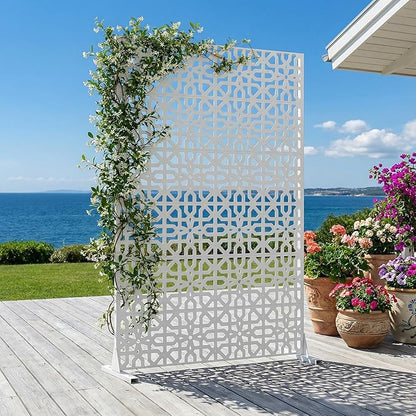 Casaphoria Metal Privacy Screen Outdoor, 72" H x 47" W Freestanding Decorative Privacy Screen for Patio Deck Balcony Garden with Stable Base, White-Perilla
