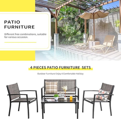Shintenchi 4 Pieces Patio Furniture Set All Weather Textile Fabric Outdoor Conversation Set, with Glass Coffee Table, Loveseat, 2 Single Chairs for Home, Garden, Lawn, Porch（Light Brown）
