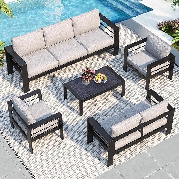 Solaste Aluminum Patio Furniture Set for All Weather, Oversized Metal Outdoor Furniture Set with 27.5" Deep Seating and 3.2" Wide Armrest, Patio Conversation Set with 10’’ Back Cushion, Black and Grey
