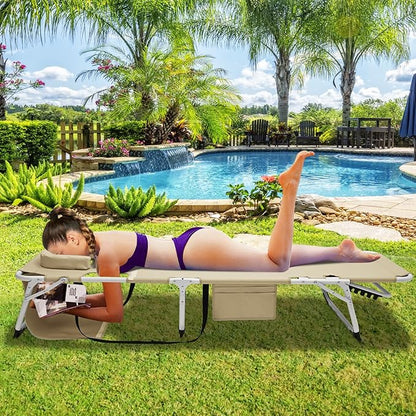 ABORON Heavy Duty Tanning Chair, Outdoor 5-Position Folding Chaise Lounge Chair with Pad, Portable Beach Lounge Chair for Outdoor Sunbathing Patio Pool Lawn Deck Poolside