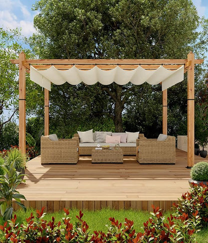 GarveeLife 10 x 13 ft Wood-Grain Aluminum Pergola Outdoor Pergola with Retractable Canopy Sun Shade Shelter for Garden Patio Backyard Deck - Beige