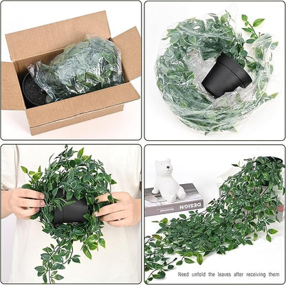 Waipfaru 2Pcs Fake Hanging Plants with Pot Deep Green Eucalyptus Leaves UV Resistant Fake Vines Ivy Artificial Plants Outdoor Faux Plants Indoor Bedroom Living Room Boho Wall Porch Shelf Decor