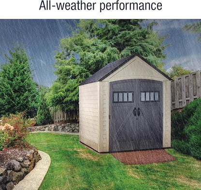 Rubbermaid Resin Outdoor Storage Shed with Floor (7 x 7 Ft) Weather Resistant, Brown Gable, Organization for Home/Backyard/Garden Tools/Lawn Mower/Bike Storage/Pool Supplies