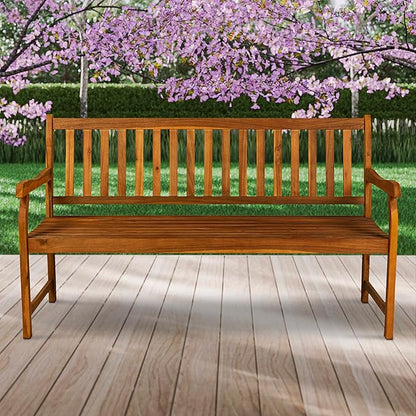 JONATHAN Y BNH101A Laurel 59.1" 3-Seat Slat-Back 600-Lbs Support Acacia Wood Outdoor Garden Patio Bench for Garden, Lawn, Backyard, Pool, Deck, Beach, Firepit, Teak