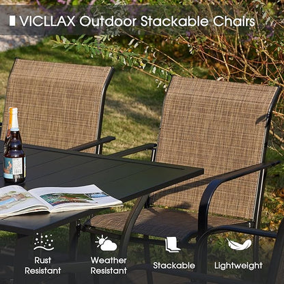 VICLLAX Patio Table and Chair Set of 6, All Weather Metal Round Outdoor Dining Furniture Set-47 Round Outdoor Table and Chairs, Walnut Wood Grain Tabletop