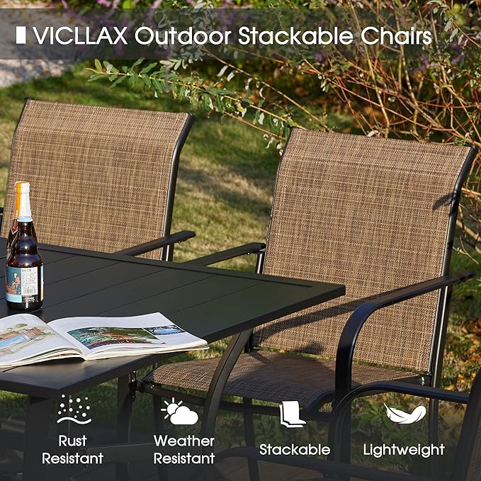 VICLLAX Large Patio Dining Furniture Set, Outdoor Dining Set for 10-60" Round Outdoor Table and Patio Stackable Chairs, Black Tabletop and Brown Fabric