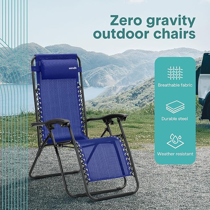 SereneLife Outdoor Zero Gravity Lounge Chair Set with Table – 2 Adjustable Recliners with Cup Holders, Headrest, Steel Frame & Foldable Design for Patio, Pool, Garden, or Camping