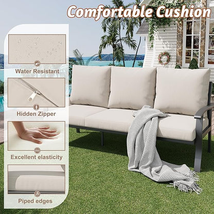 HOMREST Outdoor Couch Aluminum Patio Furniture Sofa, 3-Seat All-Weather Metal Outdoor Patio Furniture with Cushions, Beige