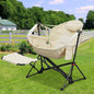 Ainfox Hammock Camping Chair with Footrest, Foldable Portable Rocking Chairs for Adults Outside Swinging Camp with Cup Holder Pillow for Outdoor Patio Poolside (Beige)