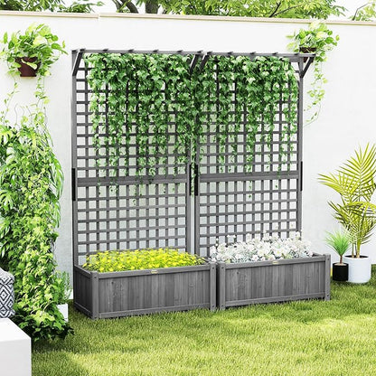 Outsunny Wood Planter with Trellis, Raised Garden Bed for Climbing Plants w/Drainage Holes and Roof, 35.5" x 17.75" x 72", Pack of 2, Dark Gray