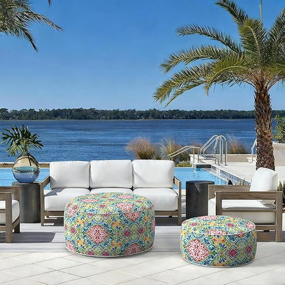 LVTXIII Indoor/Outdoor Extra Large Inflatable Ottoman Pouf D31 x H14 Inch, Round Footstool with Handle, Weather-Resistant Portable Furniture for Patio, Camping, Beach, Damask Red