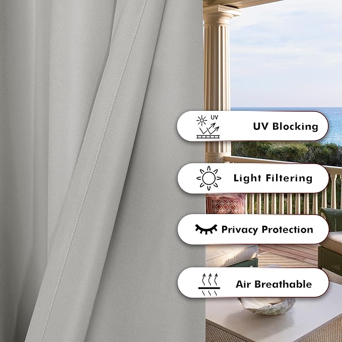 BONZER Outdoor Curtains for Patio Water Resistant Heavy Privacy Light Filtering Grommet Outside Curtains for Porch, Pergola, Gazebo, 1 Panel, 54W x 120L inch, Silver
