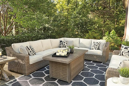 Signature Design by Ashley Beachcroft Outdoor Left & Right Arm Facing Wicker Patio Loveseats, Nuvella Weather Resistant Fabric, Brown & Beige