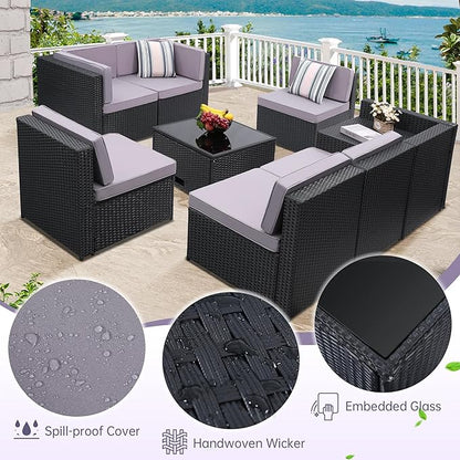 8-Piece Patio Furniture Set, Outdoor Wicker Rattan Sectional with Thick Cushions, Glass Top Table with Hidden Storage, Outdoor Conversation Set for Backyard, Porch, Patio, Light Grey