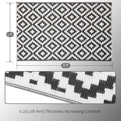 SAND MINE Waterproof Outdoor Rug 5x8 ft, Plastic Reversible Rug, Modern Area Rug, Large Floor Mat for Outdoors, RV, Patio, Backyard, Deck, Picnic, Beach, Camping (5' x 8', Black & White Lattice)